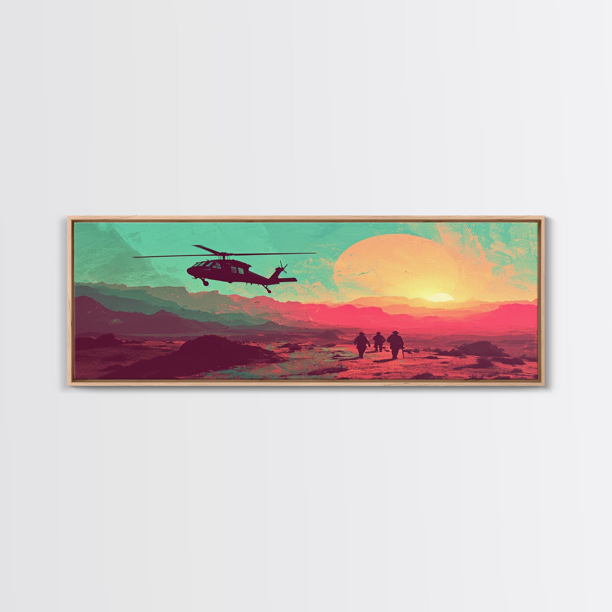 Sunset In The Iraqi Desert - OIF Art - Blackhawk Dustoff - Framed Canvas Print - Veteran Art - OEF, Operation Iraqi Freedom, Retro Military