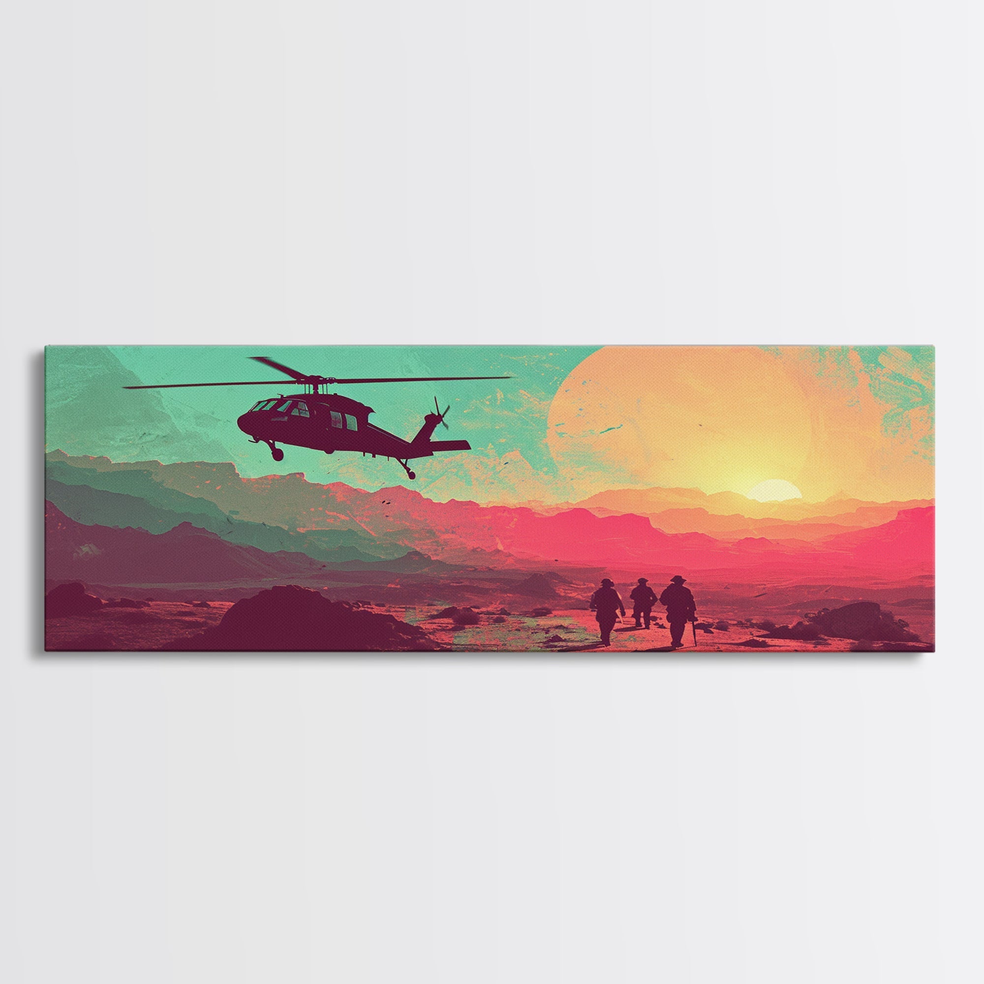 Sunset In The Iraqi Desert - OIF Art - Blackhawk Dustoff - Framed Canvas Print - Veteran Art - OEF, Operation Iraqi Freedom, Retro Military