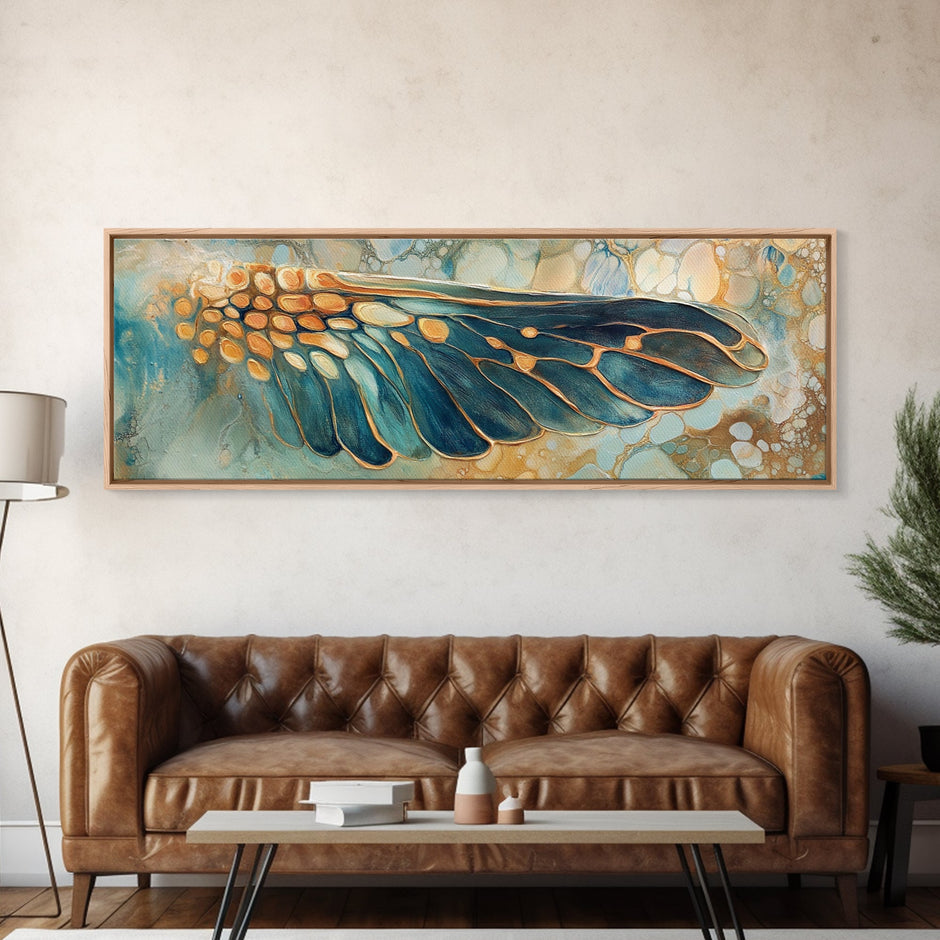 Elegant Butterfly Wing Abstract Art, Blue and Gold Nature Painting, Modern Minimalist Artwork, Bedroom or Office Wall Decor