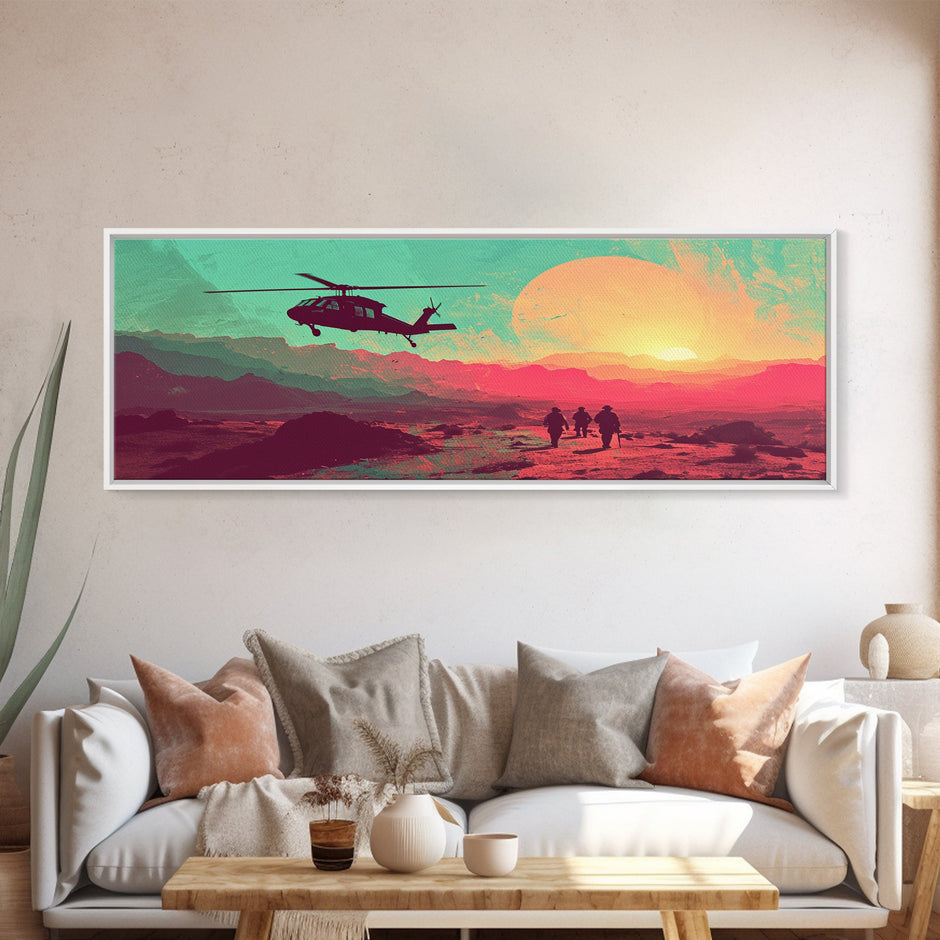 Sunset In The Iraqi Desert - OIF Art - Blackhawk Dustoff - Framed Canvas Print - Veteran Art - OEF, Operation Iraqi Freedom, Retro Military