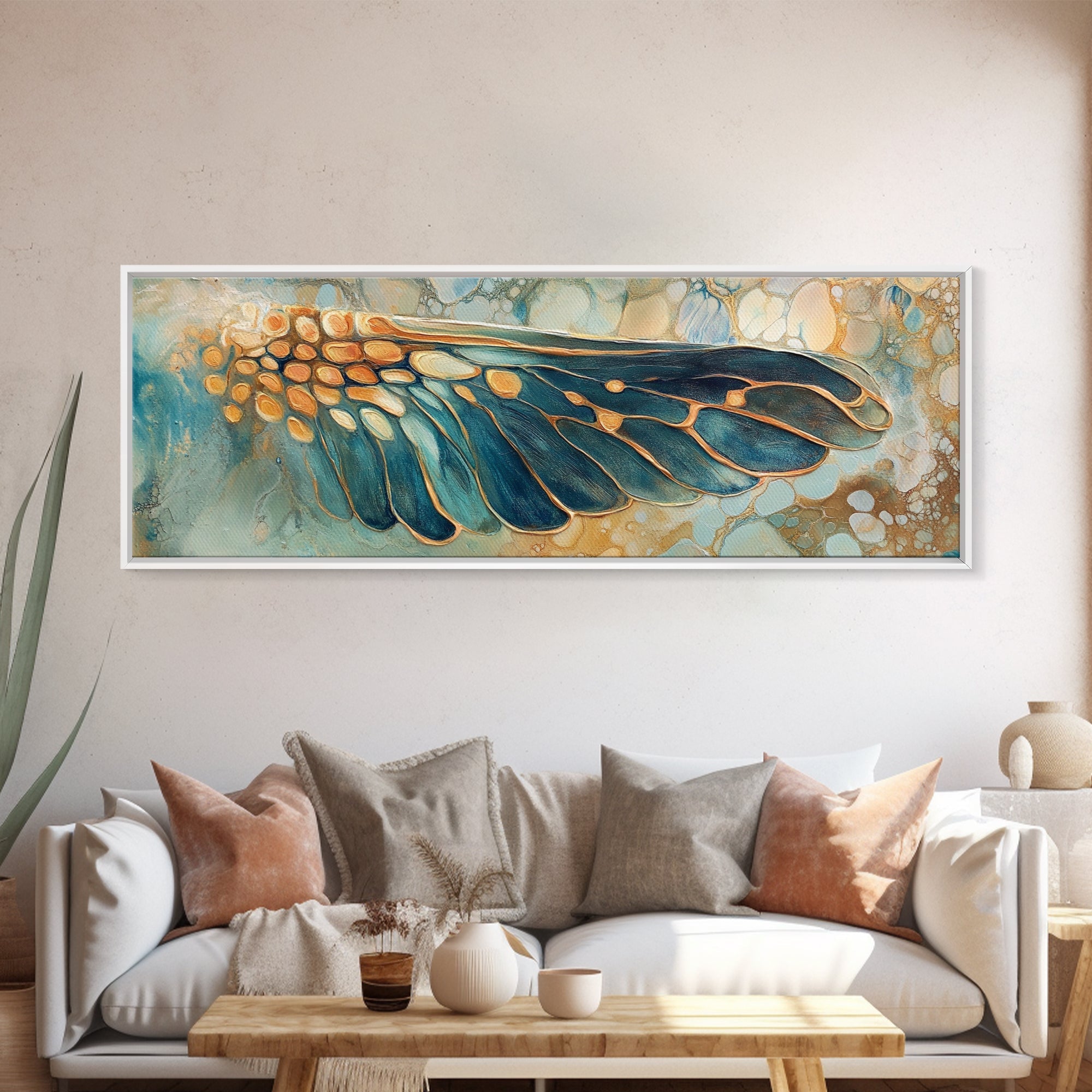 Elegant Butterfly Wing Abstract Art, Blue and Gold Nature Painting, Modern Minimalist Artwork, Bedroom or Office Wall Decor