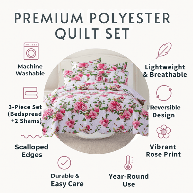 DaDa Bedding Romantic Roses Lovely Spring Pink Floral Quilted Scalloped Bedspread Set (JHW879)