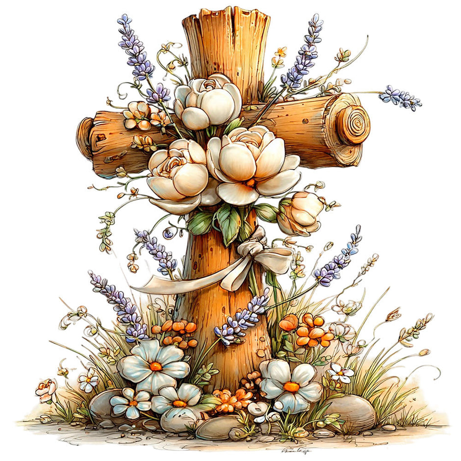 Old Rugged Floral Cross Fabric Panel 28